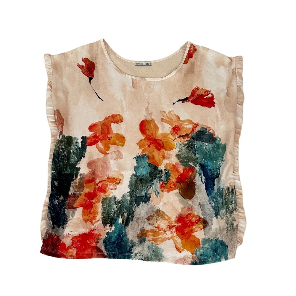 Zara Floral Watercolor Print Sleeveless Top in Cream, Orange, Teal